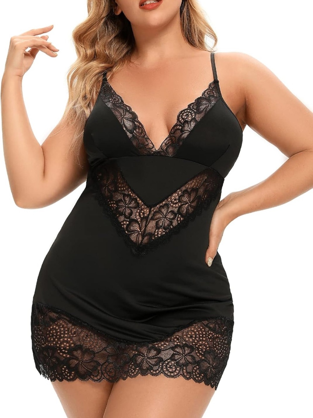 Black Lace V-Neck Chemise with Floral Panels